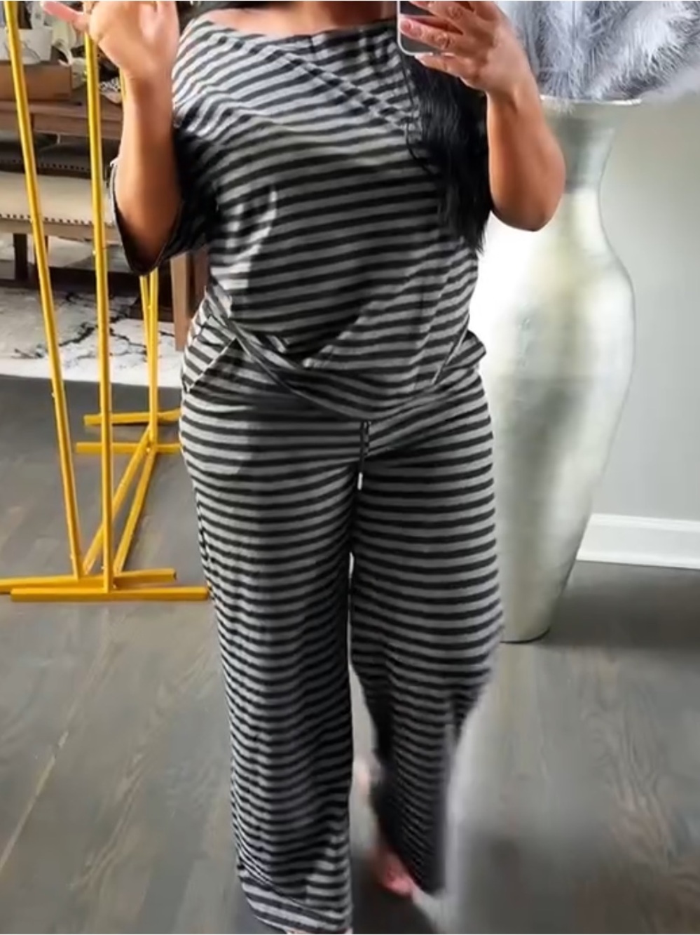Gray & White Striped Two-Piece Lounge Set